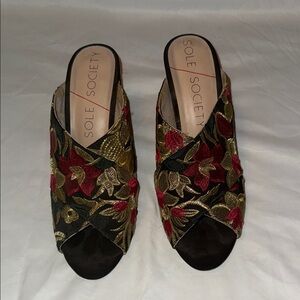 Sole Society Women's Floral Embroidered Mules - Black, Red, and Gold